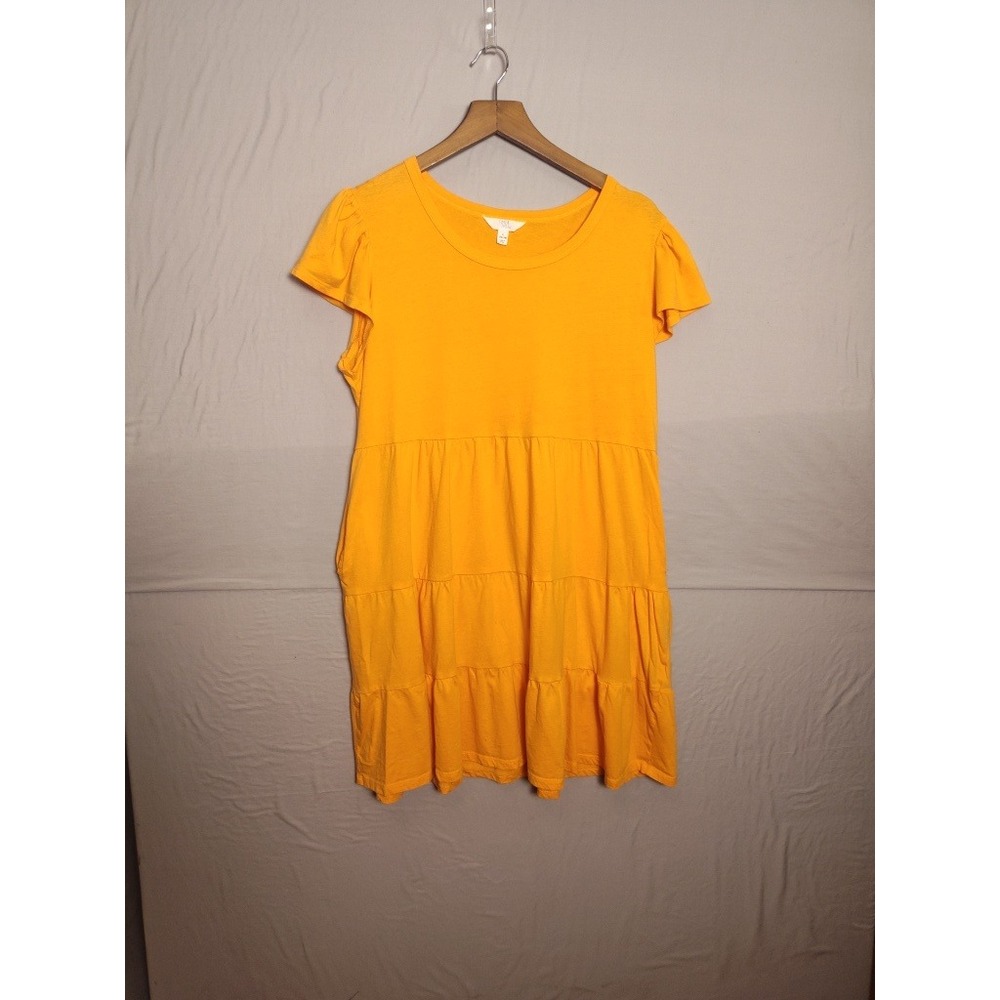 Time and Tru Womens Yellow Tiered Min Dress Short Flutter Sleeve Pockets L 12 14